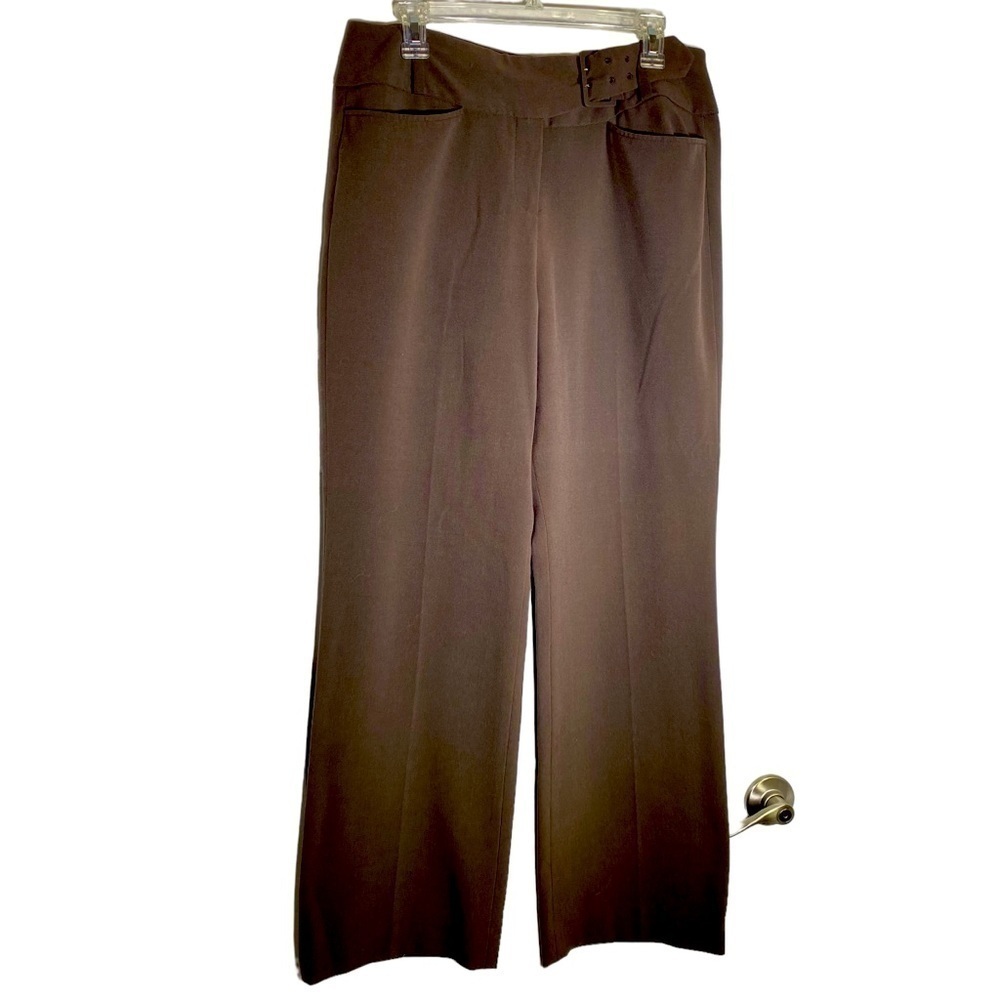 Larry Levine women's size 12 stretch brown dress pants office trousers belted